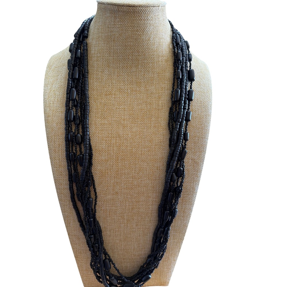 Black Multi Strand Beaded Statement Necklace Layered Seed Barrel Beads Textured